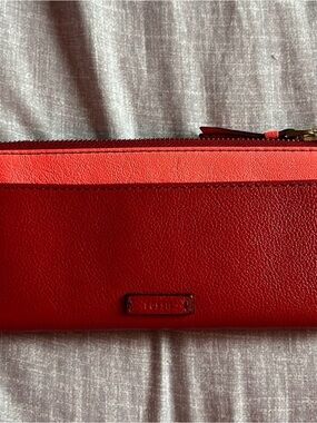Fossil Red Leather Zip Wallet with Two-Tone Trim